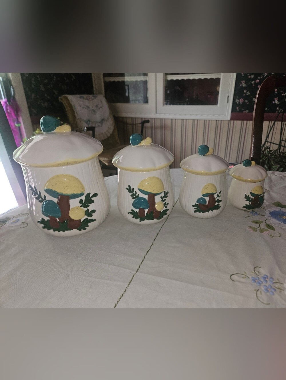 1970s Hand-Painted Mushroom Ceramic Canister Set Cottagecore